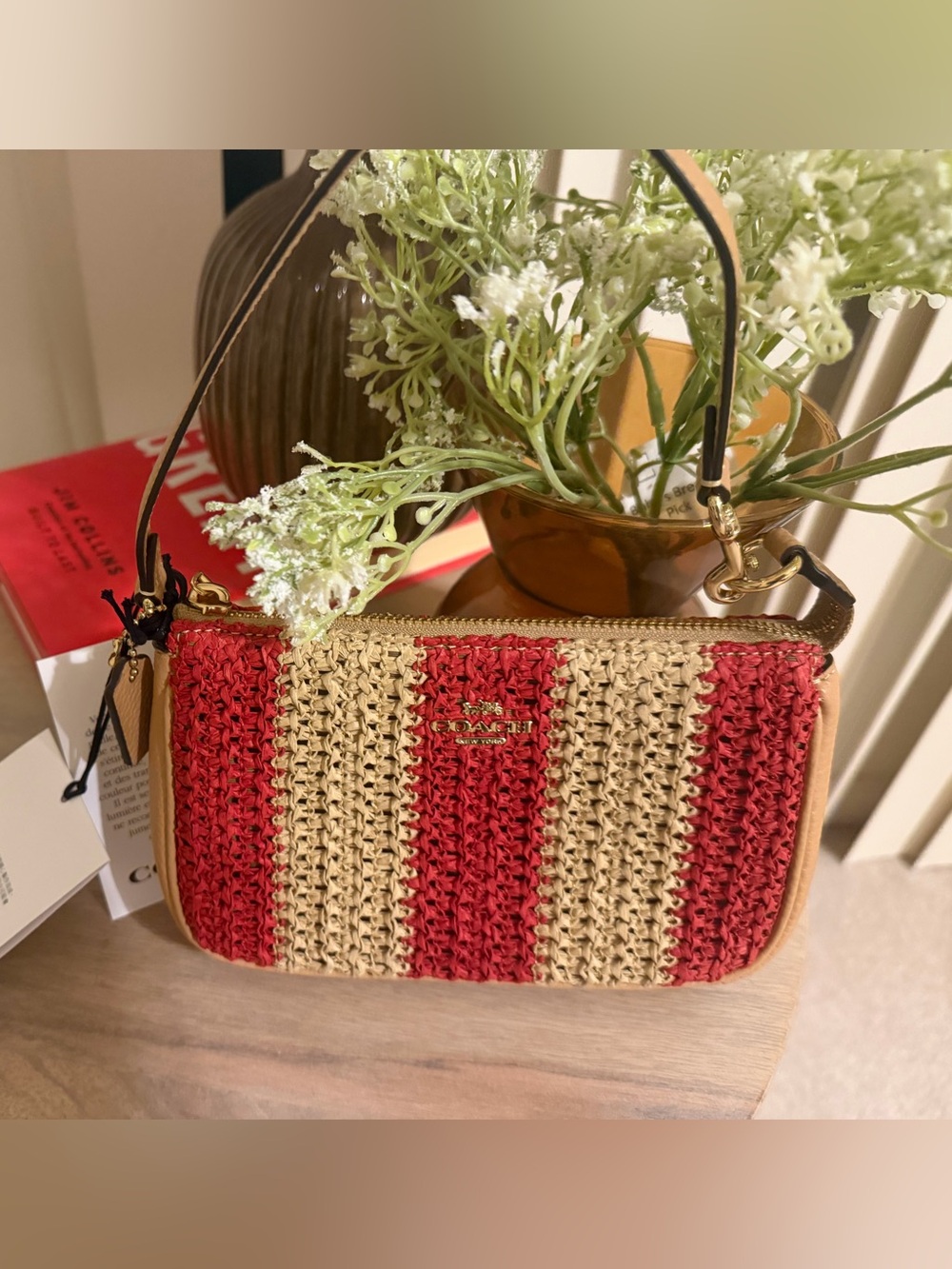 Coach Straw Wristlet in Red and Natural Nolita 19 NWT